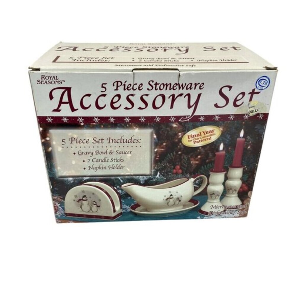 Royal Seasons 5 Piece Stoneware Gravy Bowl Saucer Candle Sticks Christmas Table